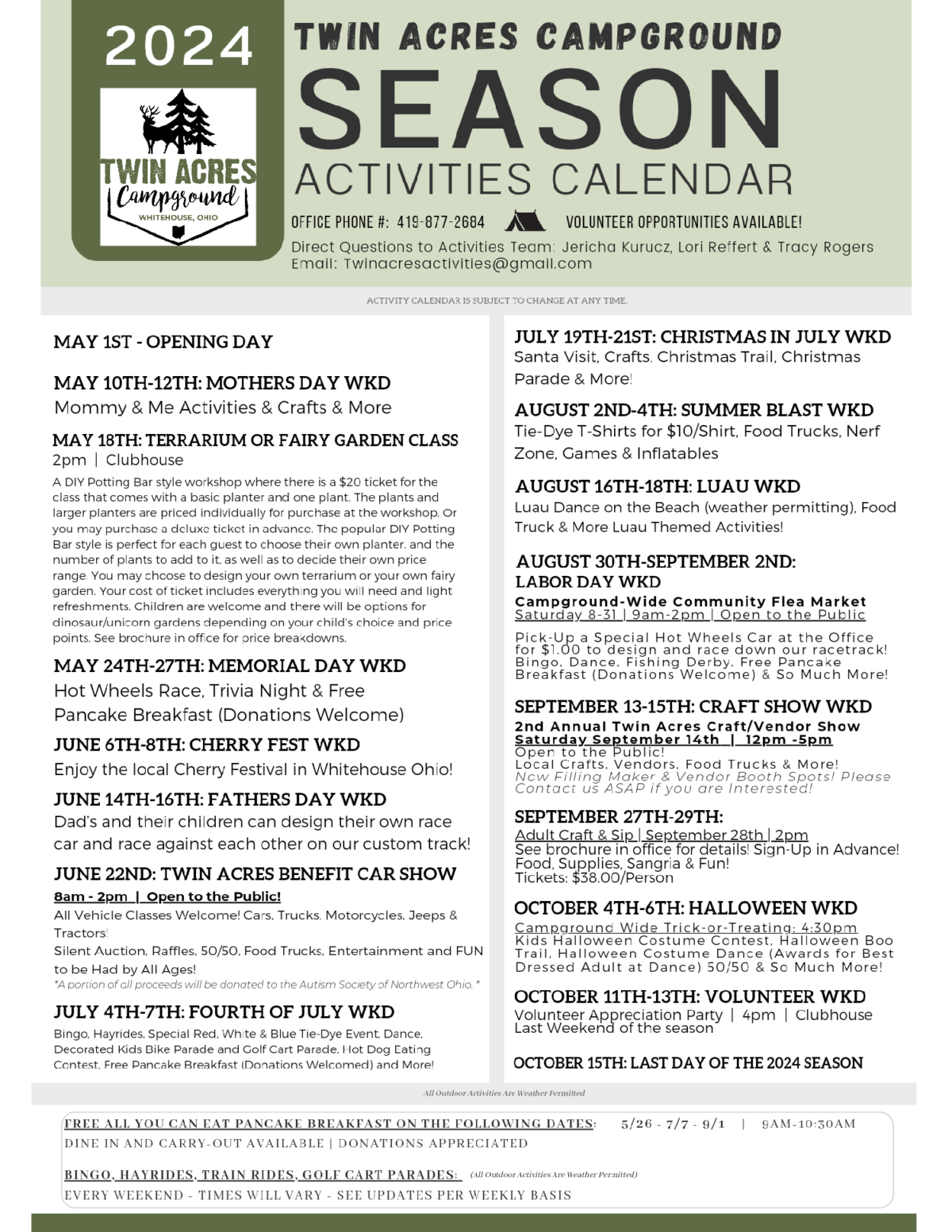 Twin Acres Campground 2024 Activities Calendar - Full Version