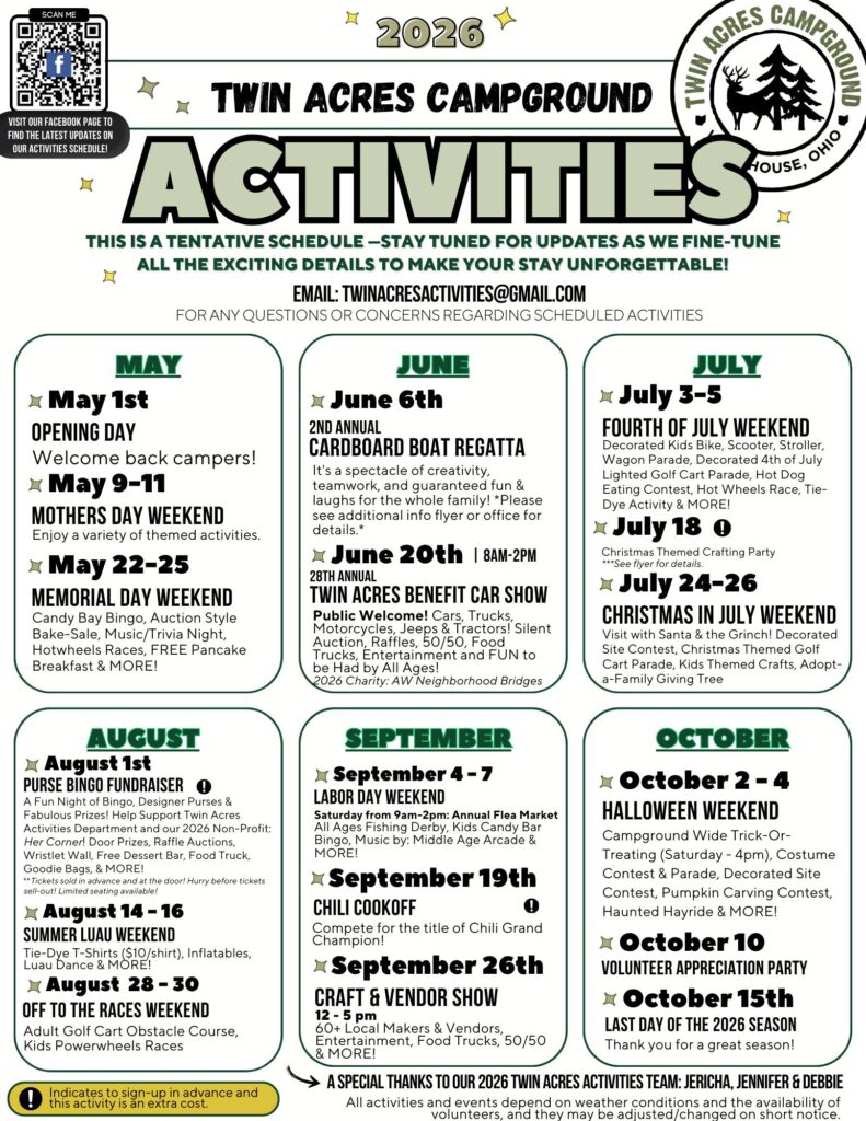 Twin Acres Campground 2026 Activities Calendar - Full Version